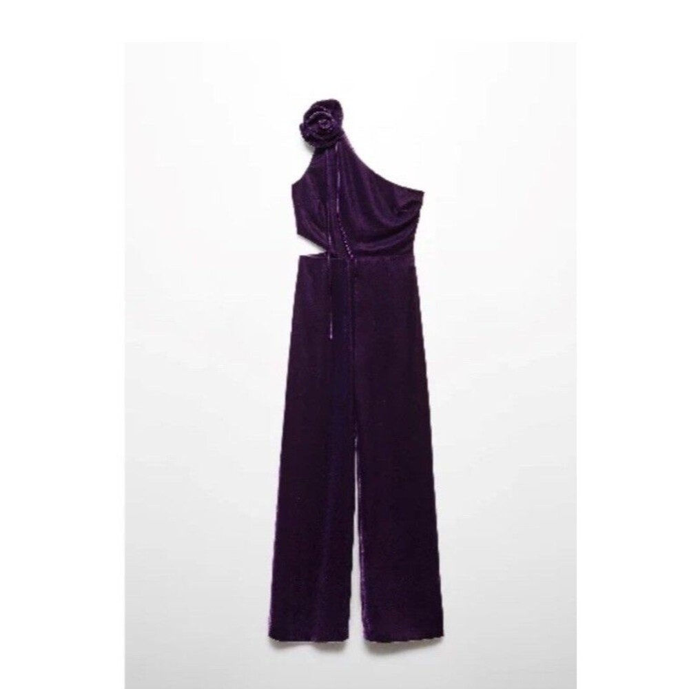 Mango MNG Velvet One-Shoulder Jumpsuit S Purple Flower Wide Leg‎ Party Holiday - Picture 3 of 14